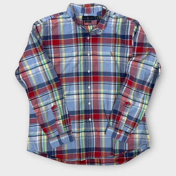 Polo Ralph Lauren Men's XXL Plaid Oxford Button Down Slim Fit Shirt Flesh Pony - Picture 1 of 9
